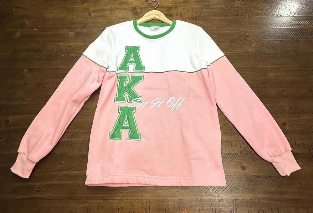AKA Alpha Kappa Alpha Sorority Pink Green Colorblock Embroidered Sweatshirt XS